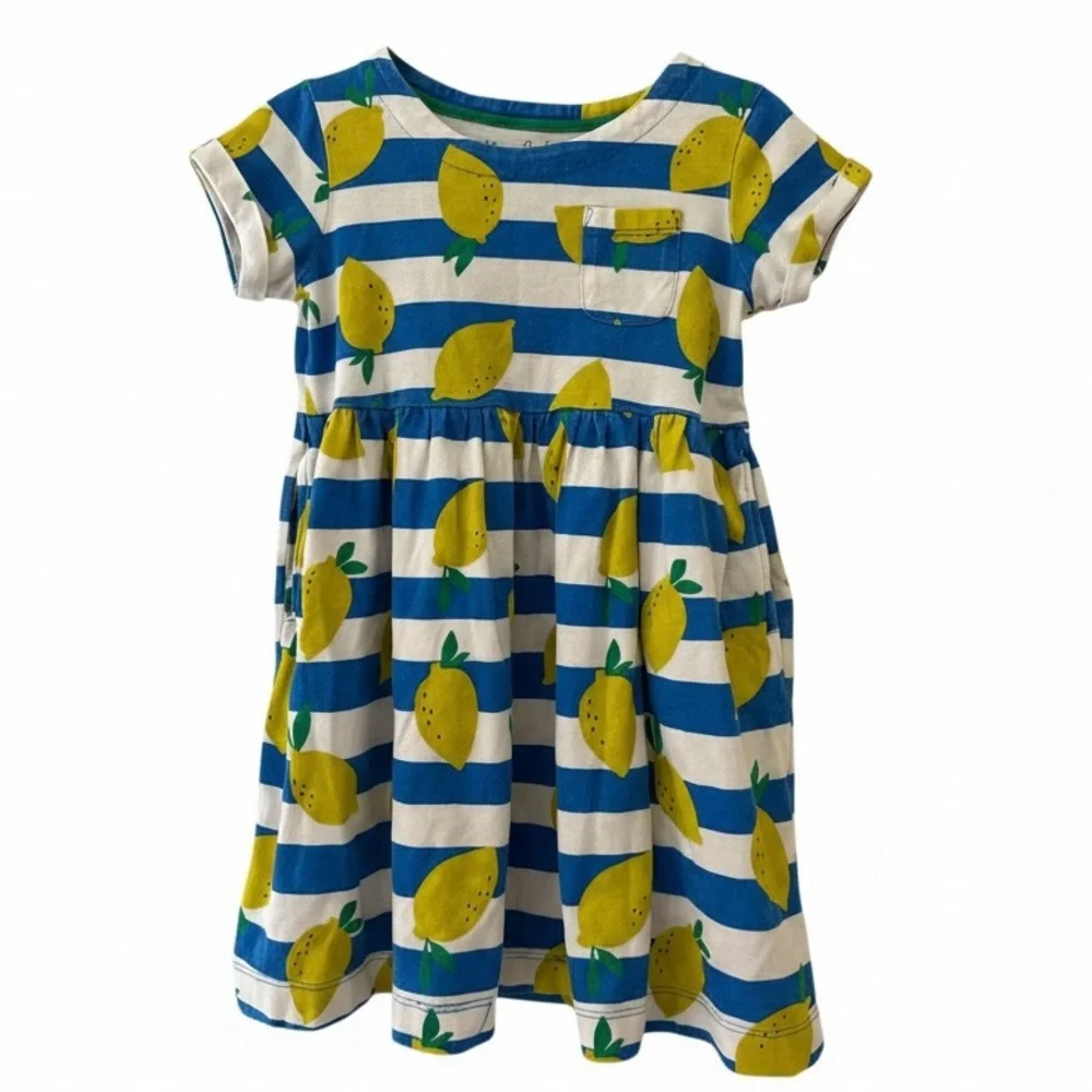 Mini Boden Girls Lemon Print Dress Blue White Striped Summer Outfit Cute Sz 4-5